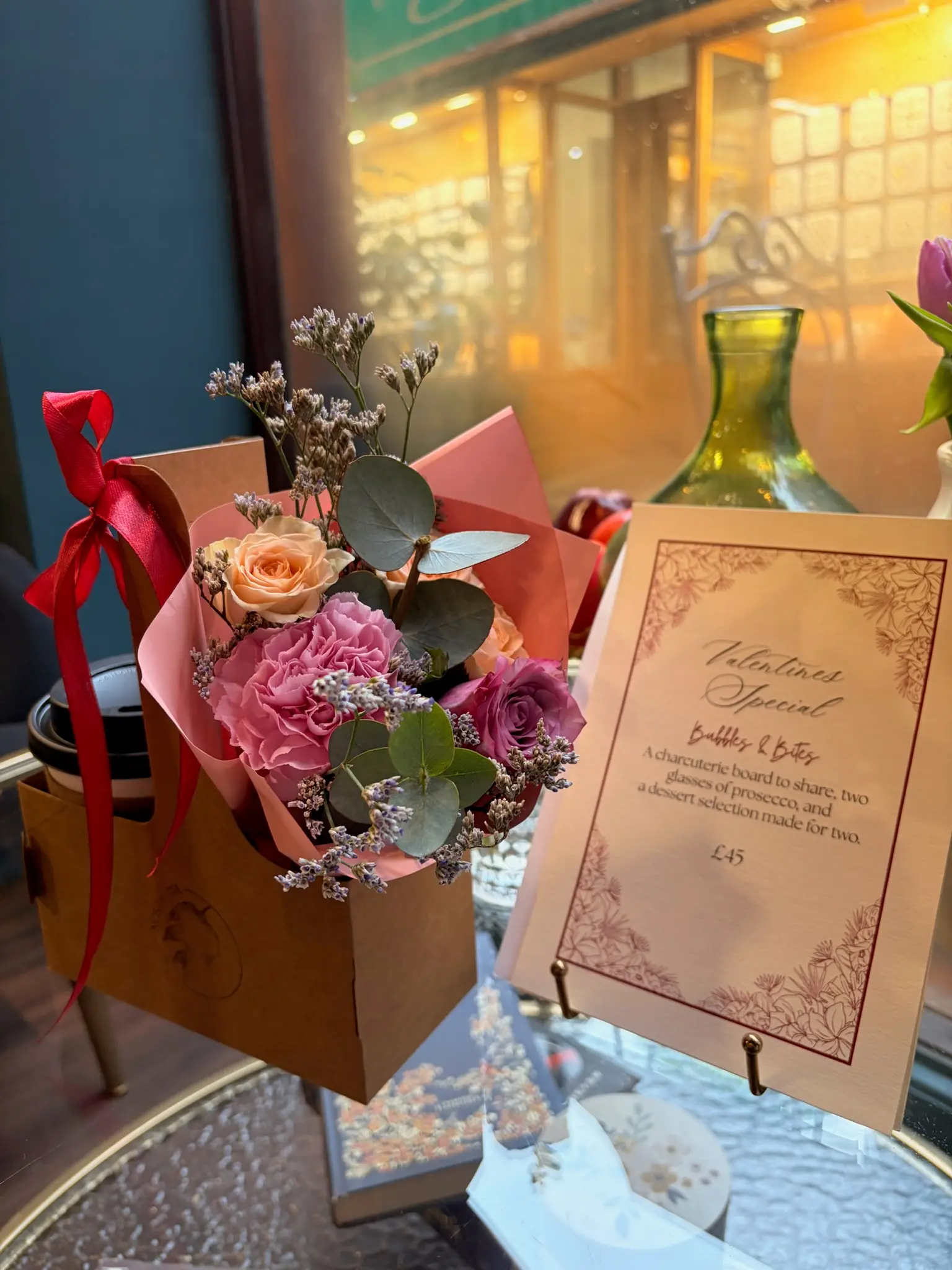 Valentine's Day flower bouquet with special menu card